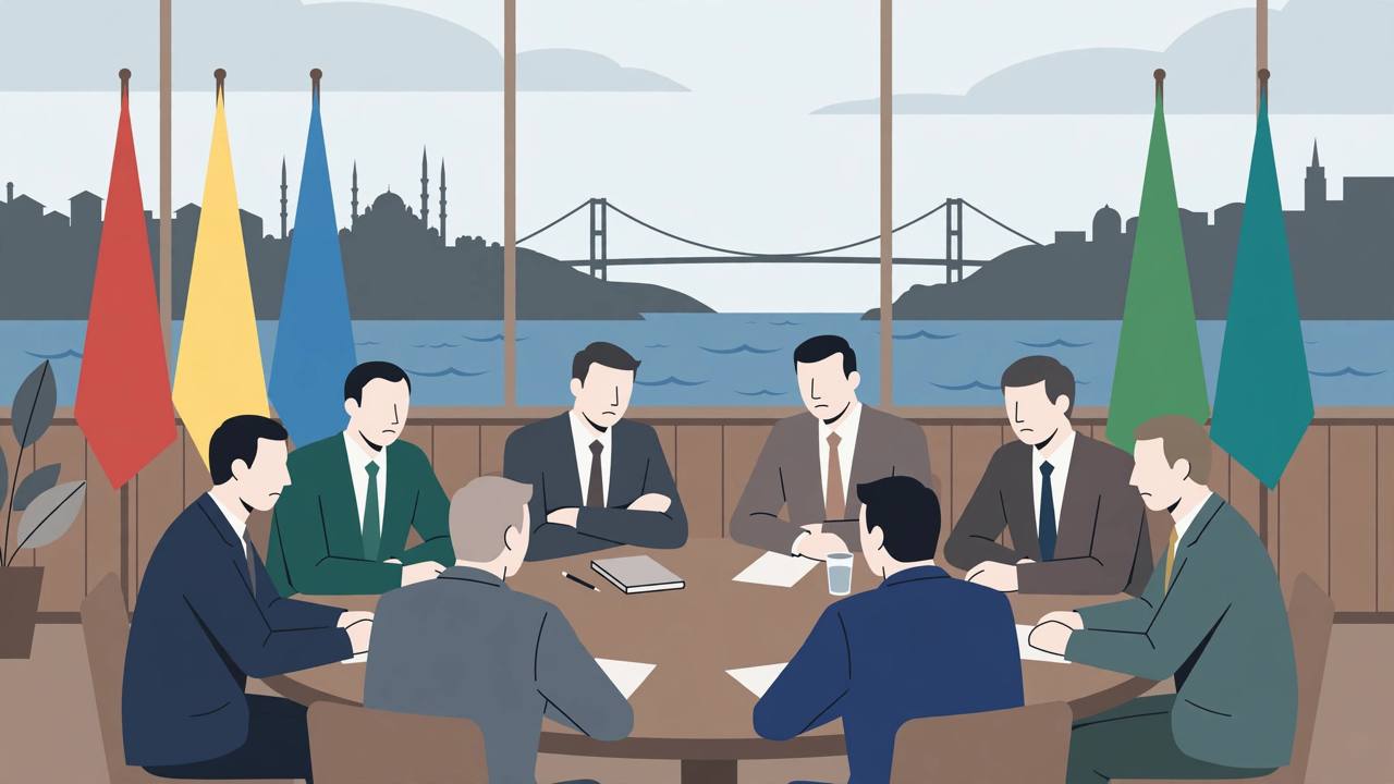 Editorial illustration of generic diplomats around a table in Istanbul — flat style, no real person depicted