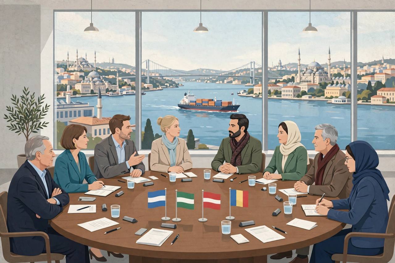 Flat editorial illustration of foreign ministers seated around a round conference table in Istanbul with the Bosphorus and a cargo ship visible through tall windows — generic figures only, no real person depicted