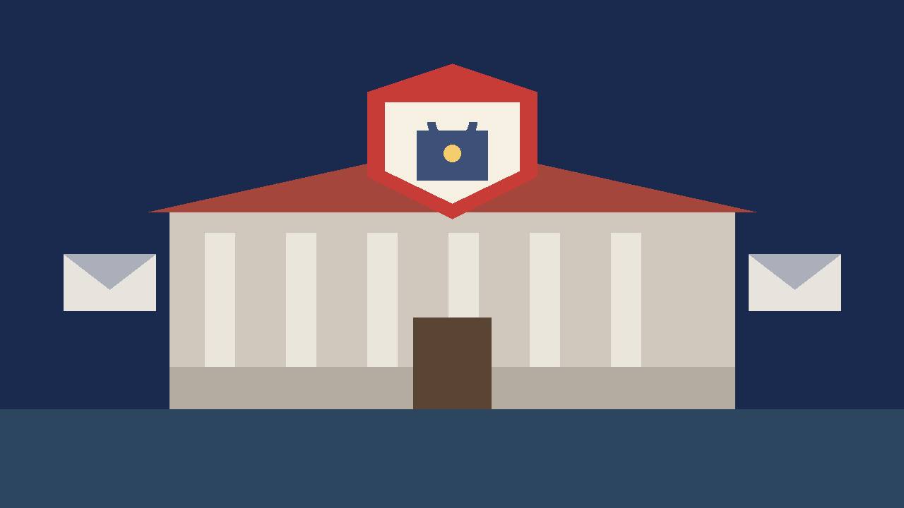 Editorial illustration of a generic parliament building with columns, a shield and padlock, and envelope shapes, no people