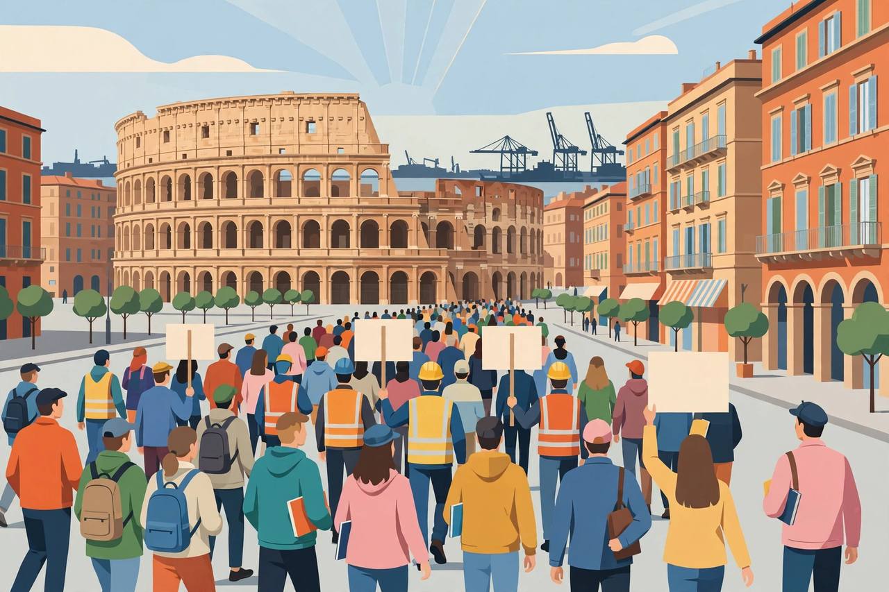 A crowd of workers and students marches through an Italian city in a flat editorial scene. (Editorial illustration)