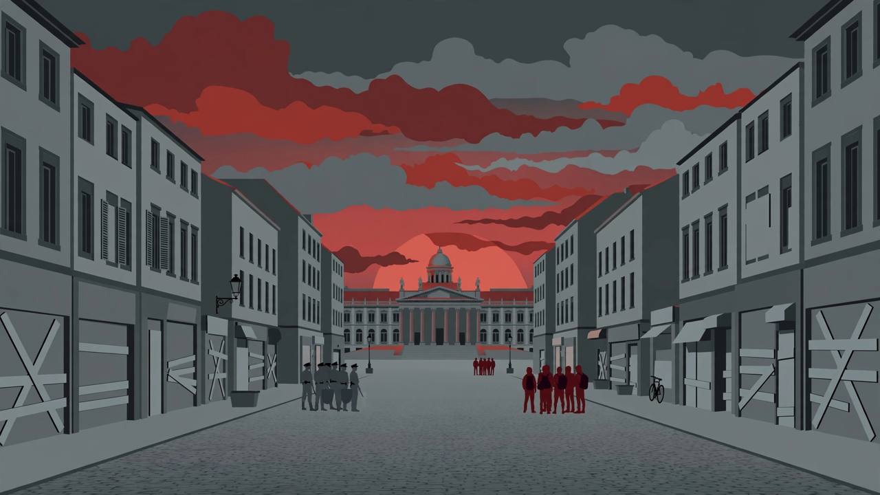 Editorial illustration of a European shopping street with boarded-up shopfronts, police and demonstrators facing each other under a red sky