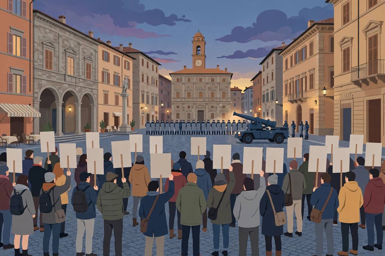 Editorial illustration of a generic protest crowd in an Italian piazza at dusk, with a police line and water cannon in the distance