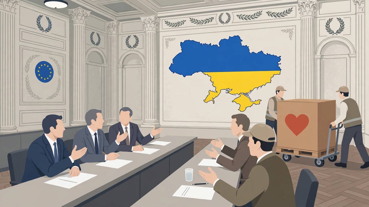 Editorial illustration of European officials debating across a table with an aid crate and a blue-and-yellow map of Ukraine in the background