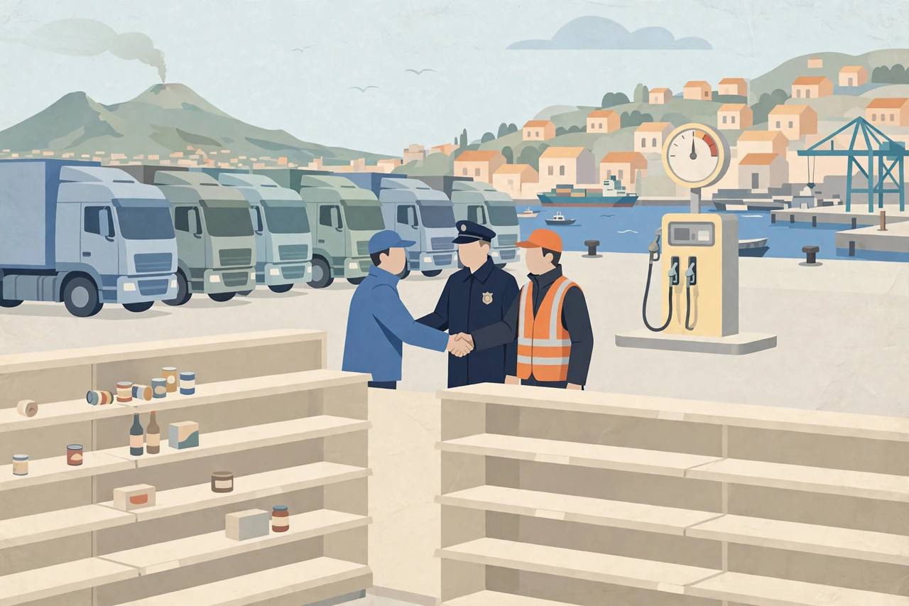 Editorial illustration of trucks at a southern Italian port and half-empty supermarket shelves