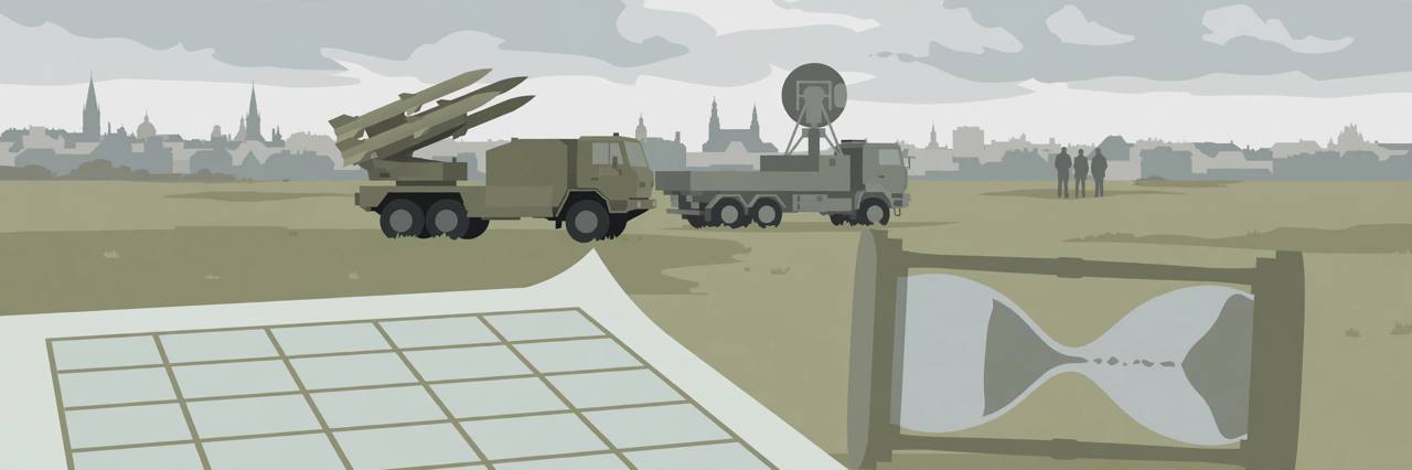 Editorial illustration of an air-defence missile launcher waiting beside a calendar and hourglass, symbolising Italy's delayed Ukraine aid package