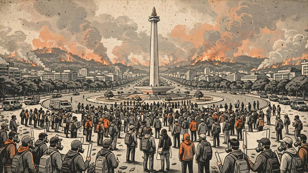 Editorial illustration of students wearing gas masks protesting at a Jakarta roundabout under orange forest-fire haze