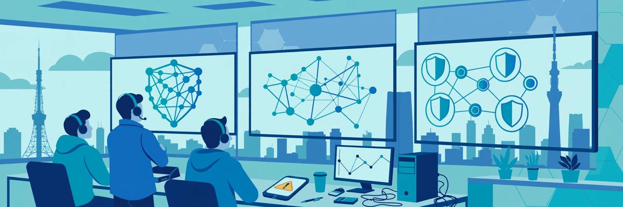 Editorial illustration of a cyber operations room with screens, a shield and a smartphone alert