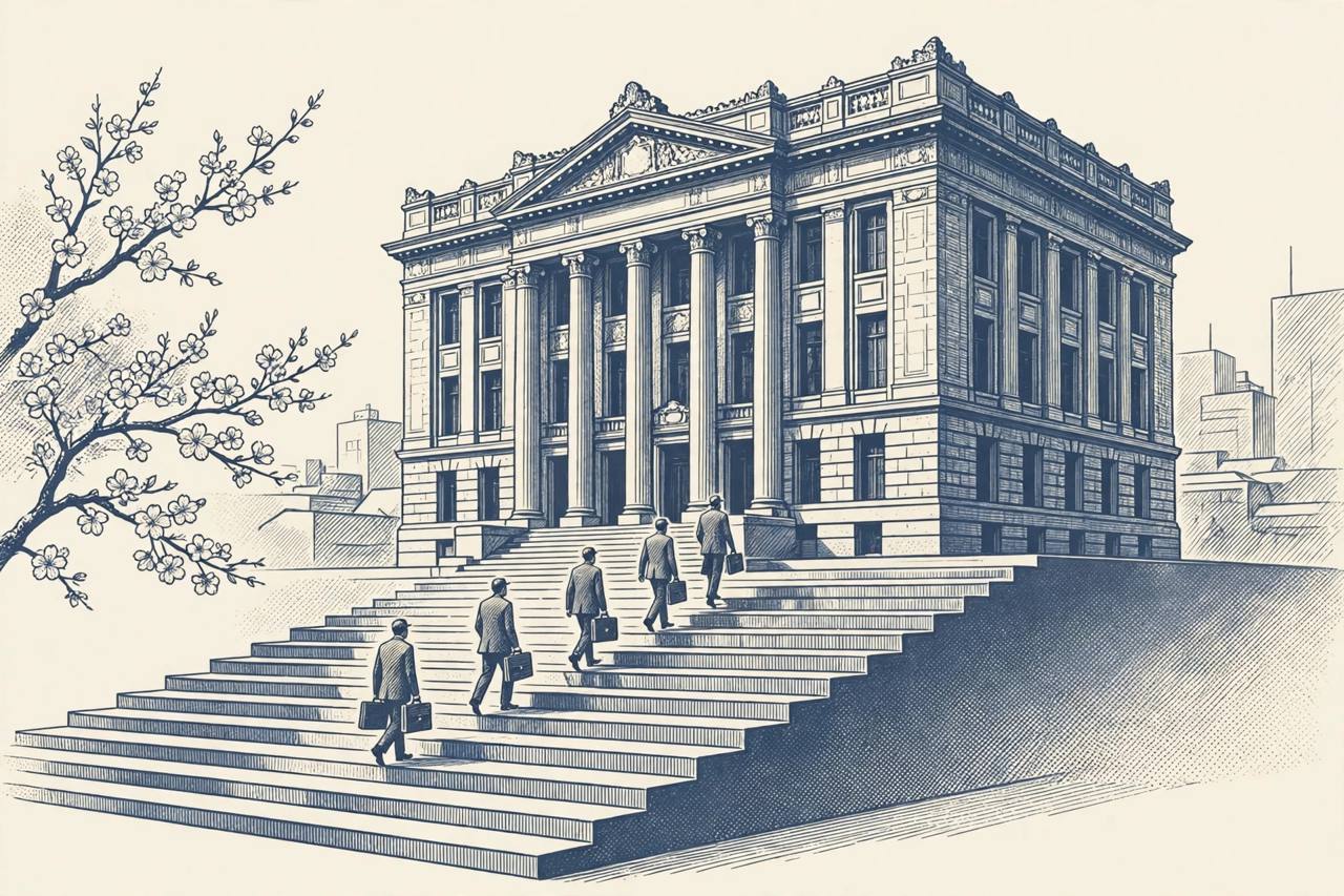 Editorial illustration of a central bank building in Tokyo with rising interest-rate steps and generic business figures