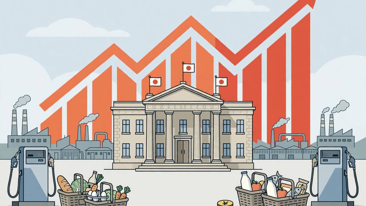 Editorial illustration of a central bank building in Tokyo with a rising price chart arrow, fuel pumps, shopping baskets and factories, flat style, no real person depicted
