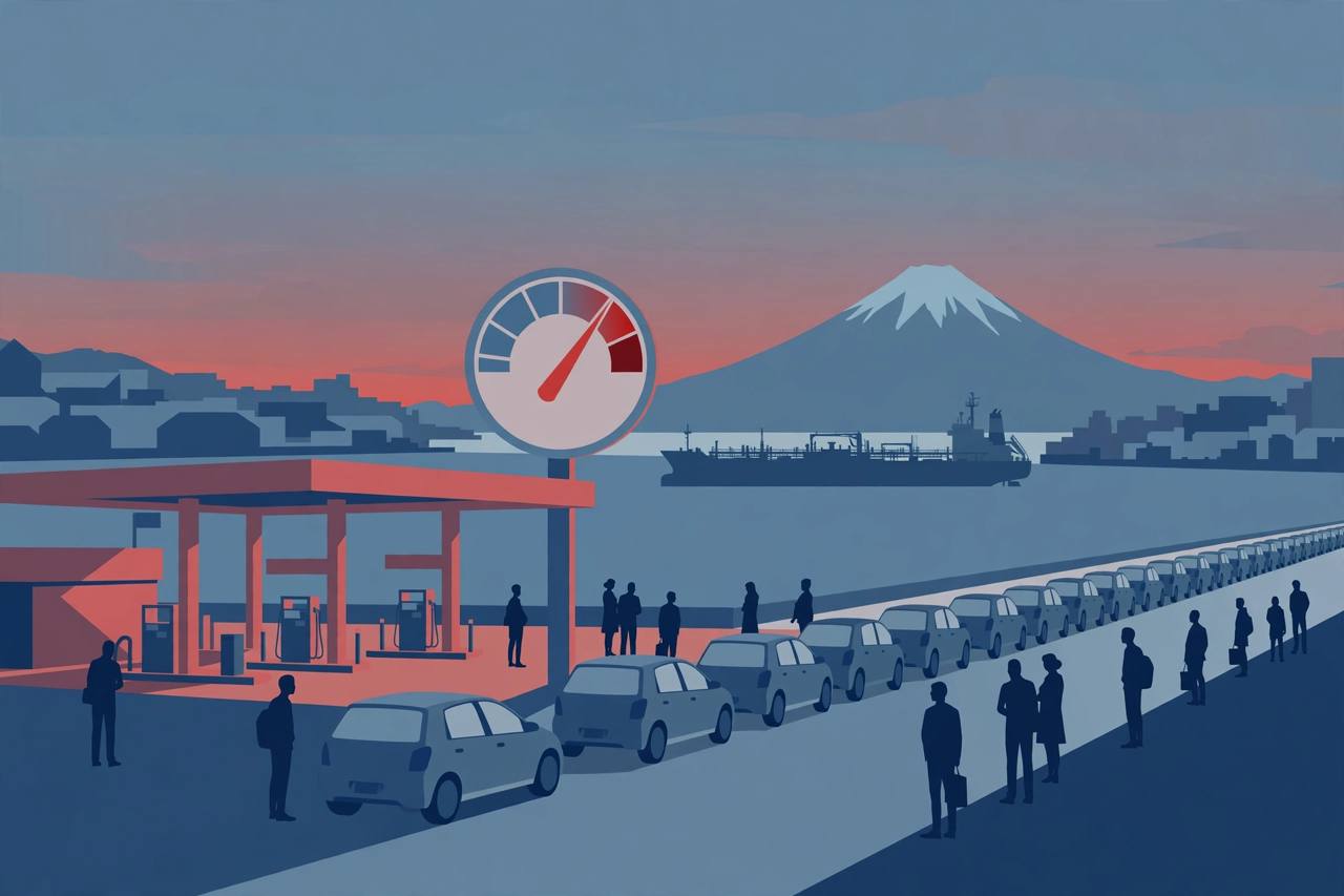 Editorial illustration of a generic Japanese city petrol station with queued cars, a rising fuel gauge and an oil tanker at sea, Mount Fuji in the distance
