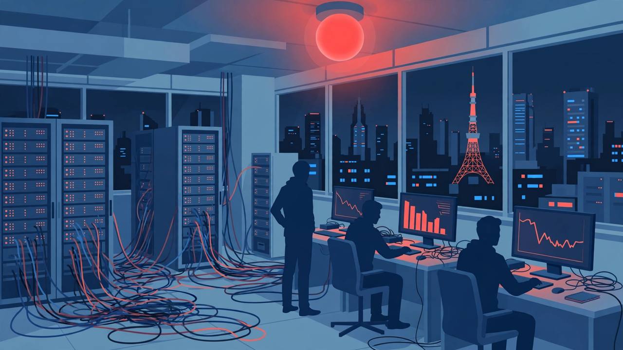 Editorial illustration of a Tokyo server room under a red warning light during a cyberattack, with generic silhouetted workers at dark trading screens