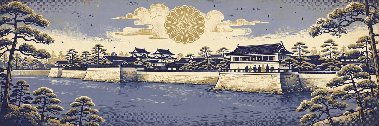 Editorial illustration of Tokyo's Imperial Palace behind its moat and pine trees, with a golden chrysanthemum motif in the sky and generic figures on a balcony. (Editorial illustration)