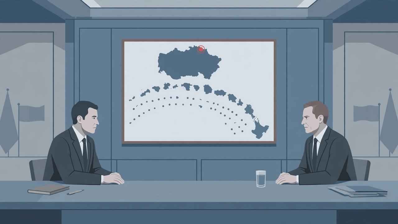 Two generic foreign ministers seated opposite each other at a summit table with a stylised Pacific island-chain map on the wall behind them. (Editorial illustration)