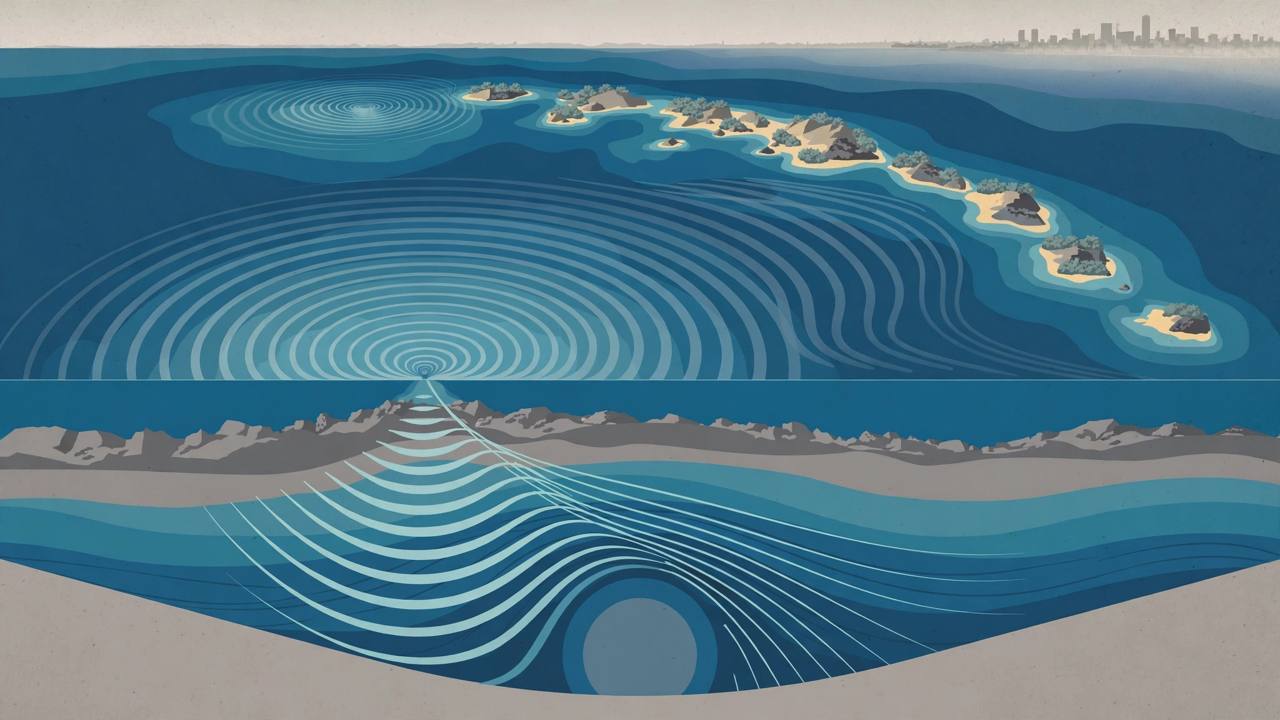 Editorial illustration of seismic waves radiating from deep beneath the Pacific Ocean west of a remote island chain, with an earth cross-section below — flat style, no people depicted