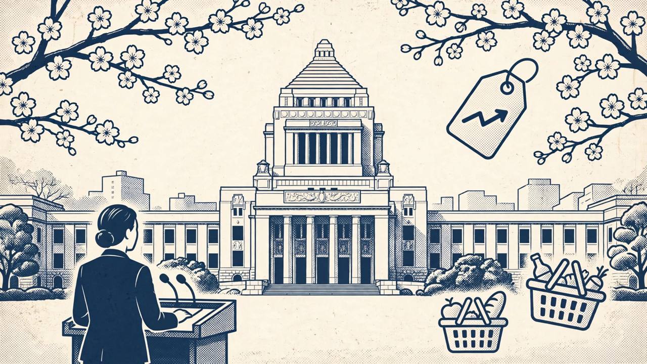 Editorial illustration of a generic woman leader at a podium before a parliament building with cherry blossoms and rising price tags, flat style, no text, no real person depicted