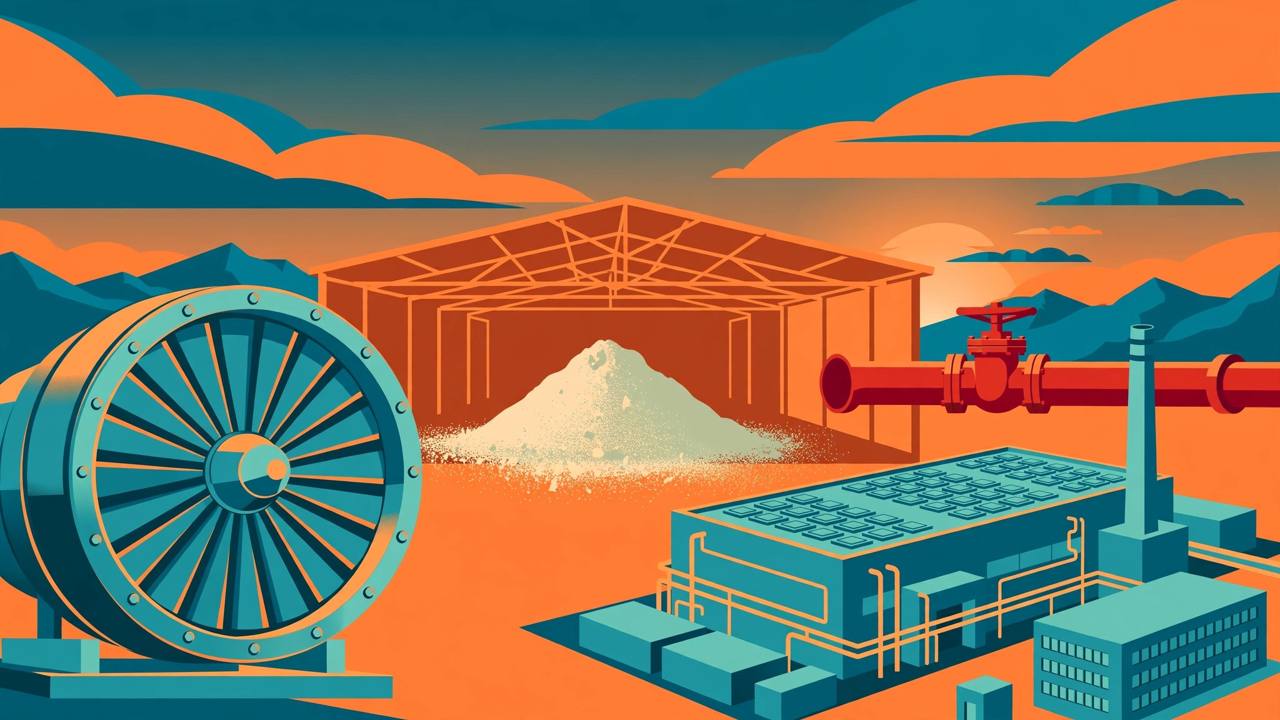 Editorial illustration of a jet engine turbine, a chip factory, a shrinking pile of rare-earth mineral powder and a red supply valve being shut