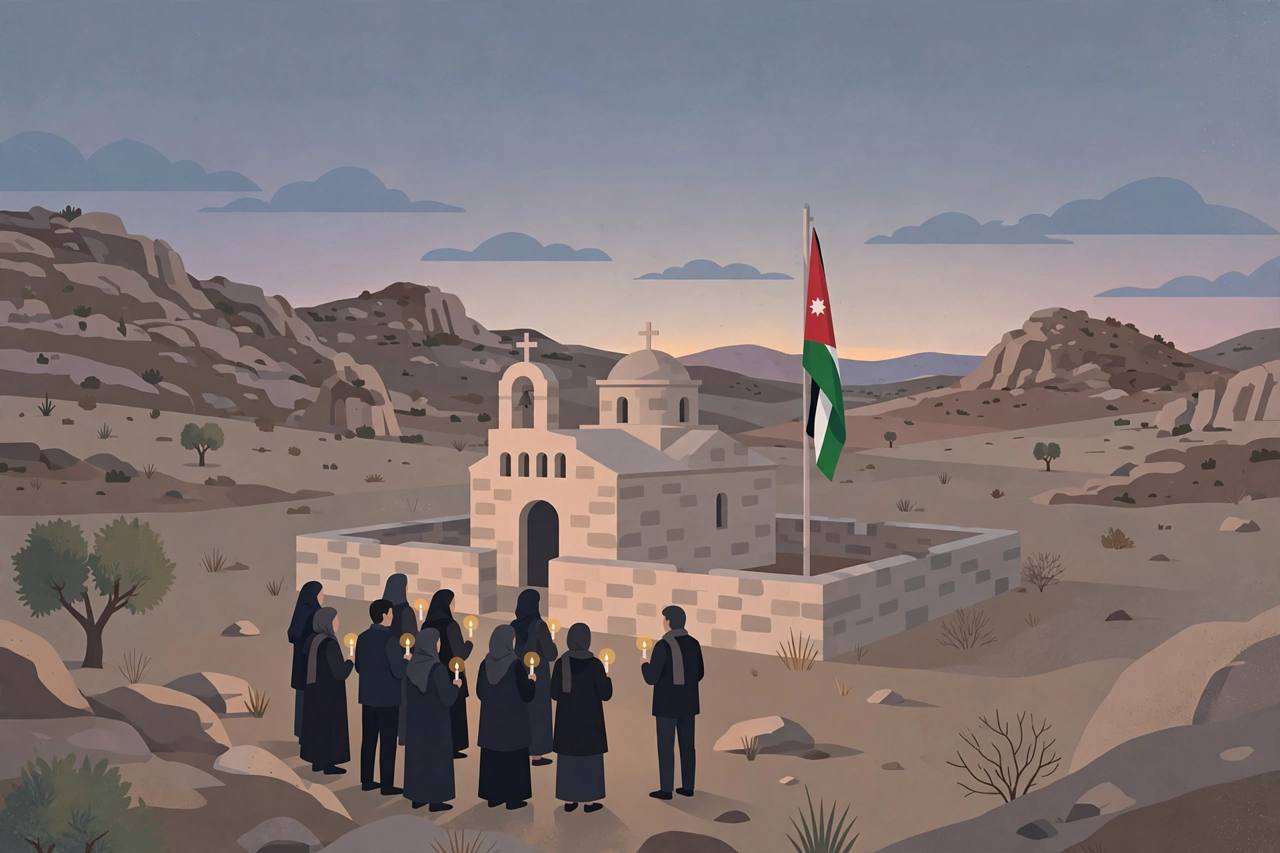 Editorial illustration of mourners with candles outside a small stone church in southern Jordan at dusk, with a flag at half-mast
