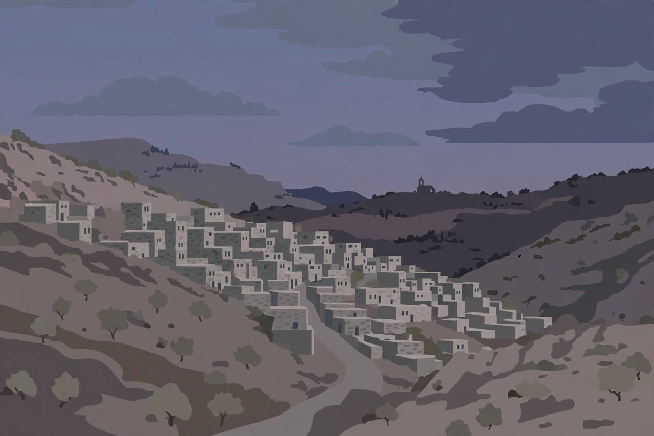 Editorial illustration of a quiet hillside town in southern Jordan at dusk with a small church silhouette in the distance — flat style, no people, no weapon and no incident depicted