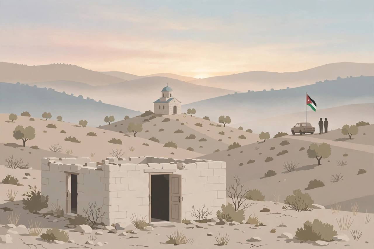 Editorial illustration of dawn over the hills of Karak in southern Jordan, a stone church on a hill, an empty abandoned stone house in the foreground and a flag at half-mast — flat style, respectful, no real person depicted and no incident shown