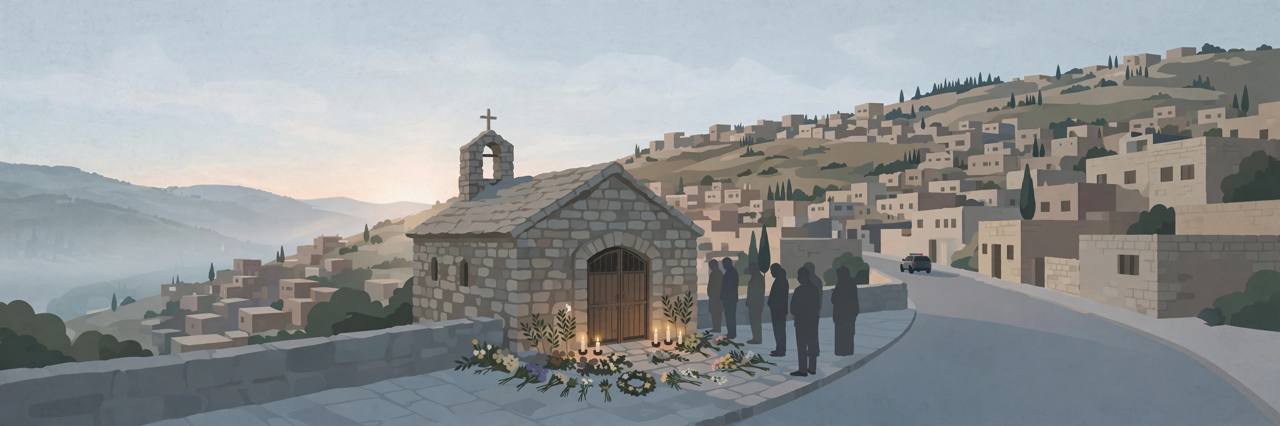 Editorial illustration of candles and flowers outside a small stone church in a Jordanian hill town at dawn with mourners standing quietly