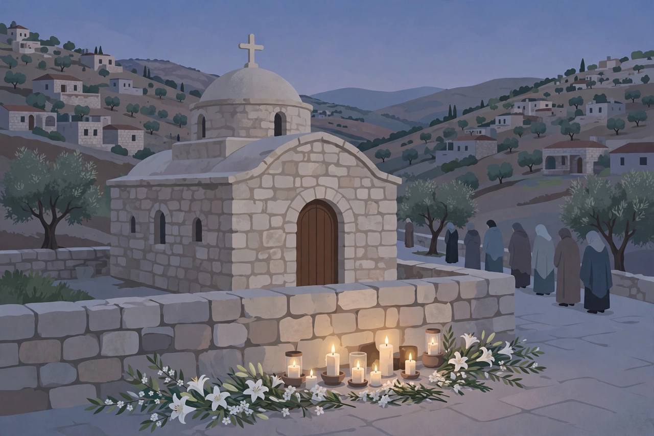 Editorial illustration of candles and flowers outside a small stone church in a Jordanian hill town at dusk, with mourners standing quietly