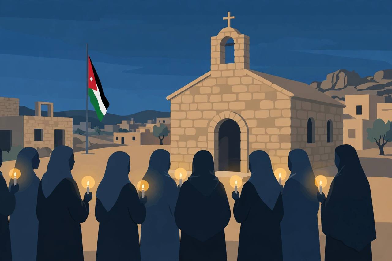 Editorial illustration of generic silhouetted mourners holding candles outside a stone church in southern Jordan at dusk, a flag at half-mast in the distance — flat style, respectful, no real person depicted and no incident shown