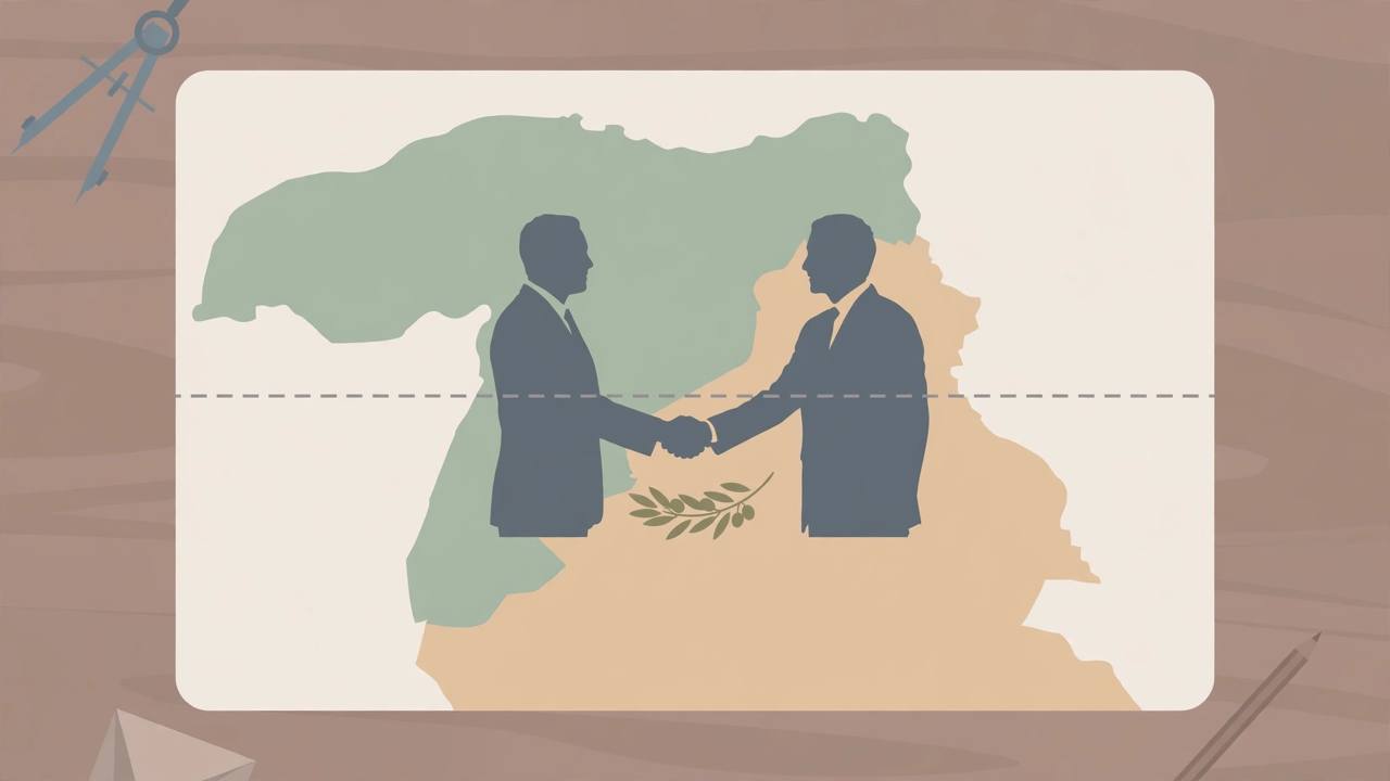 Editorial illustration of officials shaking hands over a map of Jordan and southern Syria