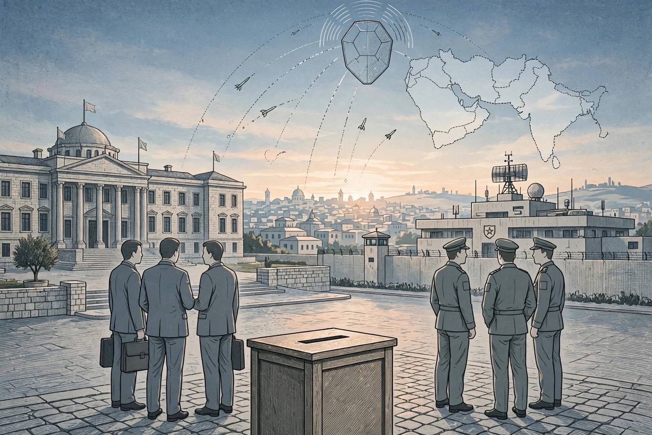 Editorial illustration of officials and uniformed officers in discussion outside government buildings in Jerusalem, with a ballot box and a missile-defence shield in the sky