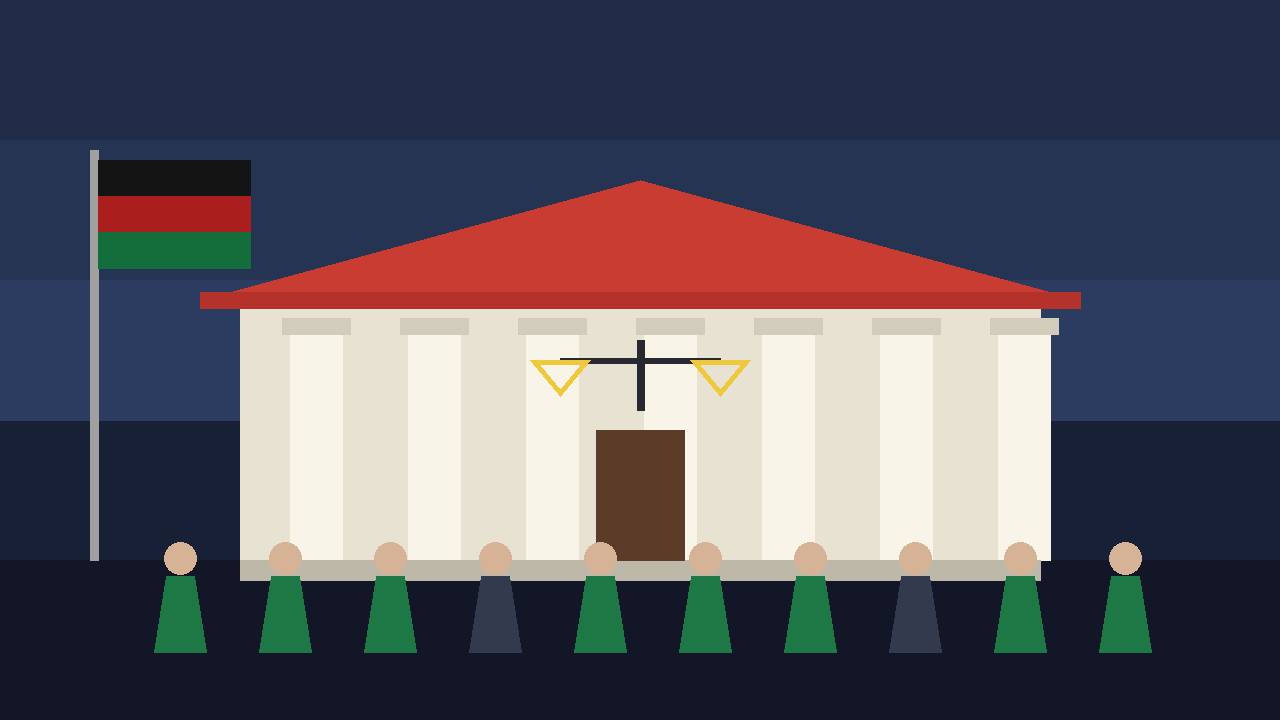 Editorial illustration of a courthouse with columns and scales of justice, a row of generic figures standing in front and a striped banner in black, red and green
