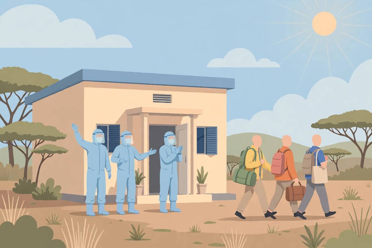 Flat editorial illustration of generic health workers outside a quarantine facility in Kenya, no real person or patient depicted. (Editorial illustration)