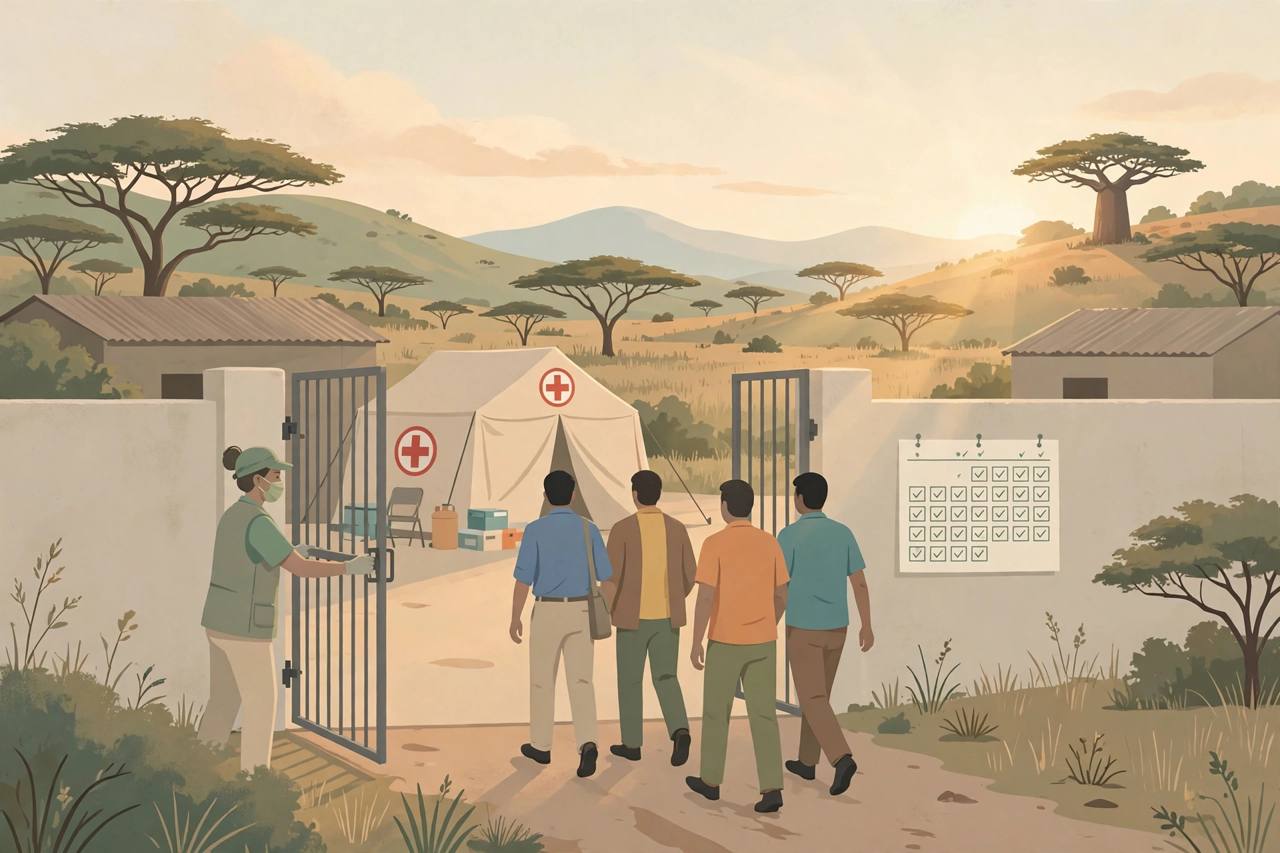 Editorial illustration of a health worker opening a quarantine facility gate as people walk out into morning light with a medical tent behind, flat style, no text, no real person depicted