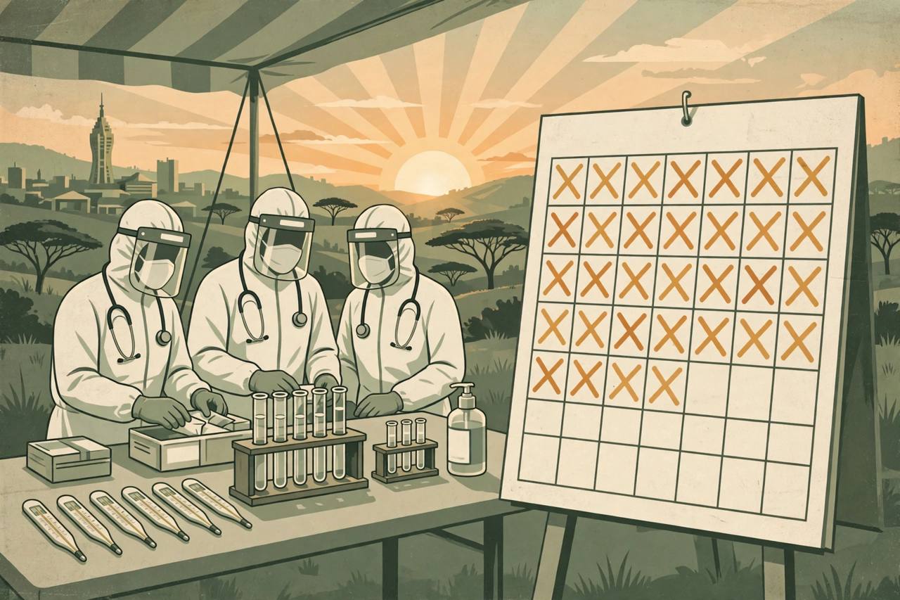 Editorial illustration of generic health workers at an Ebola screening checkpoint in Kenya, with a calendar showing a countdown half completed and test tubes with negative results