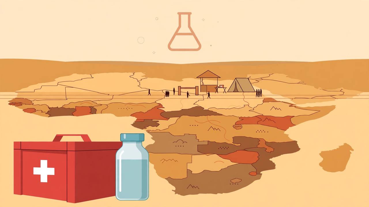 Editorial illustration of an East Africa map with a medical supply crate, a vaccine vial and a border health-screening tent