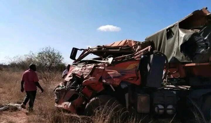 Wreckage of a lorry after the head-on collision on the Nairobi-Mombasa Highway near Mtito Andei, Kenya