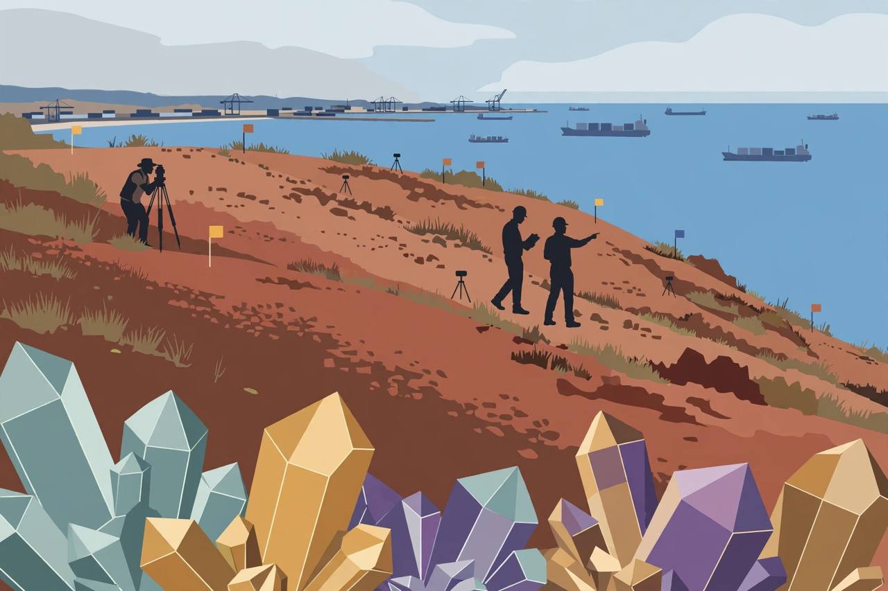 Editorial illustration of Kenya's Mrima Hill coastal deposit with survey markers, mineral crystals and cargo ships near Mombasa in the distance