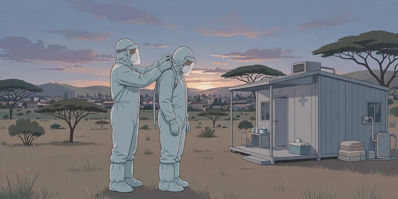 Editorial illustration of generic health workers in protective suits beside an isolation facility at dusk — flat style, no real person depicted