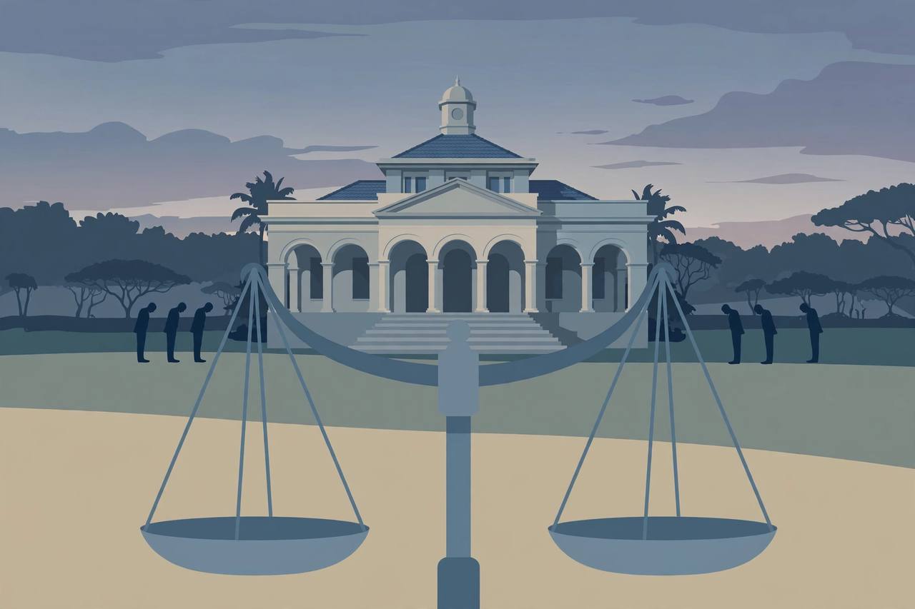Editorial illustration of a courthouse in Mombasa, Kenya with justice scales and a distant coastal forest silhouette, respectful, no real person's likeness, no depiction of any victim