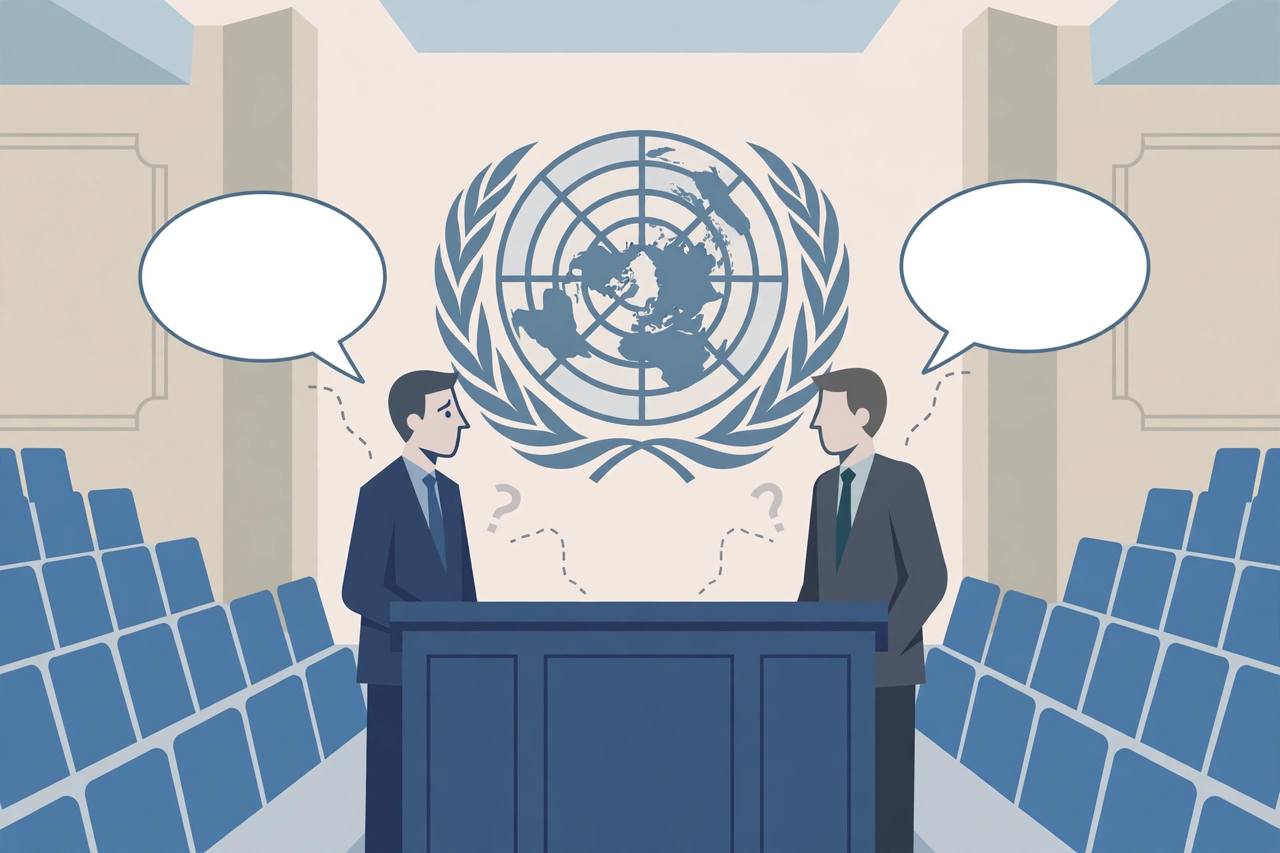 Generic diplomats on opposite sides of a podium in a UN-style assembly hall (Editorial illustration)