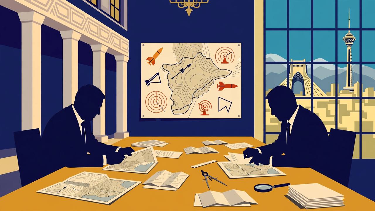 Editorial illustration of two generic officials reviewing maps and documents in a Tehran government hall