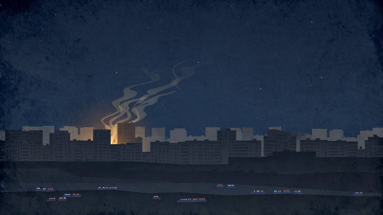 Editorial illustration of a distant city skyline at night with silhouetted apartment blocks, a faint fire glow and thin smoke behind one distant building, and small emergency lights far below, no real people, no victims depicted