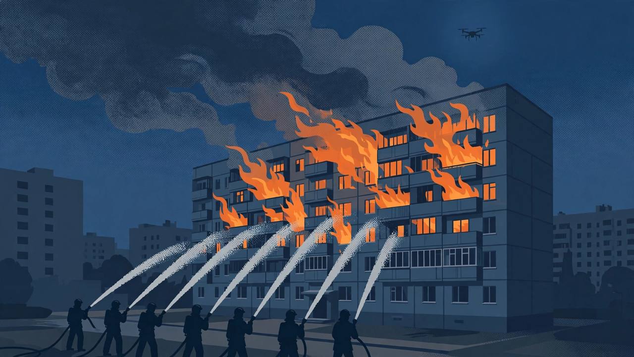 Editorial illustration of generic firefighter silhouettes fighting a night fire in a residential apartment block, with a small drone silhouette in a dark sky