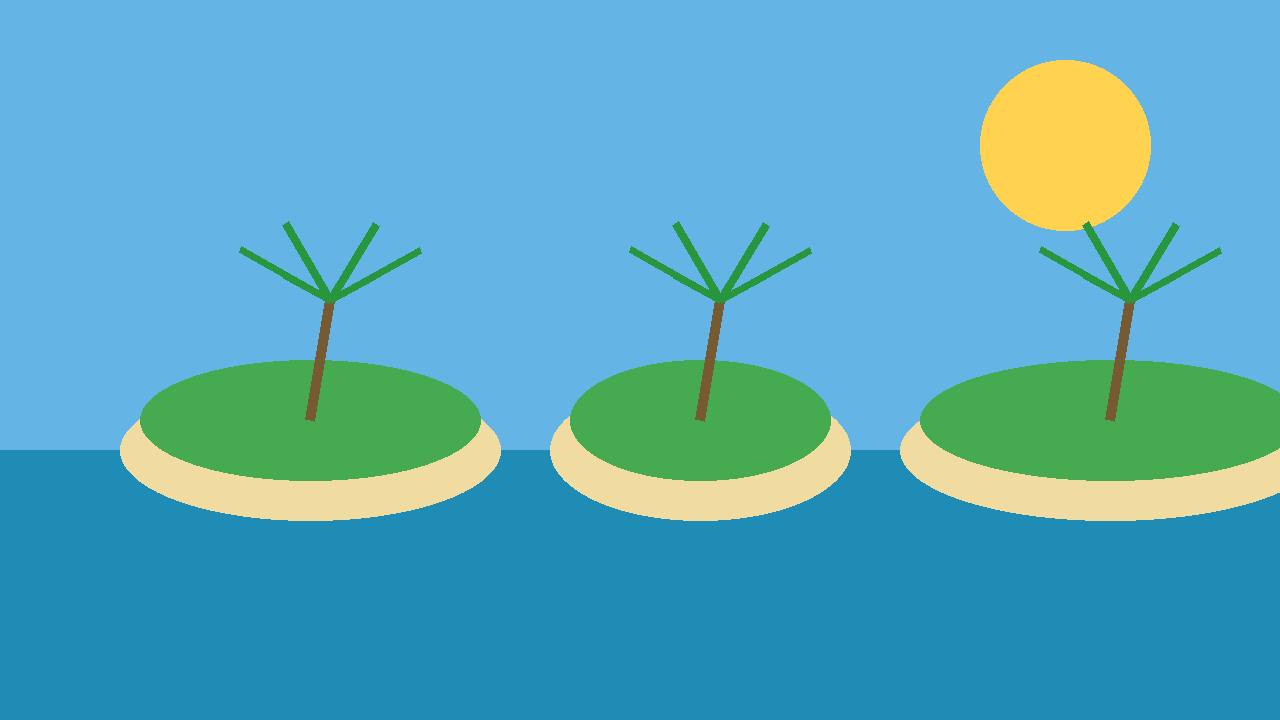 Editorial illustration of Caribbean islands with palm trees and sun over blue sea, flat style, no person depicted