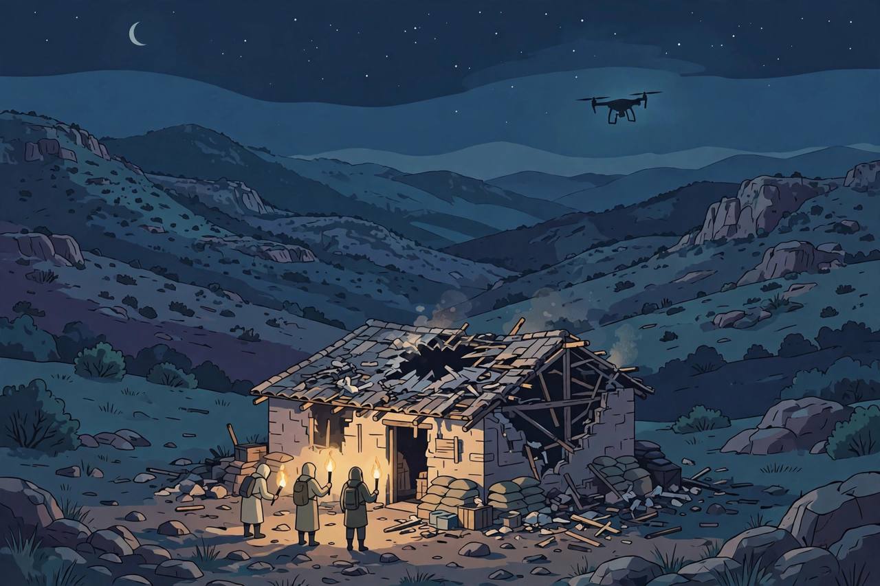 Editorial illustration of a mountain camp building in Iraq's Kurdistan hills at night with a damaged roof and a drone silhouette in the sky