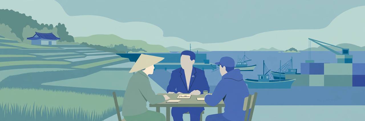 Farmers, fishermen and trade containers in South Korea, editorial illustration