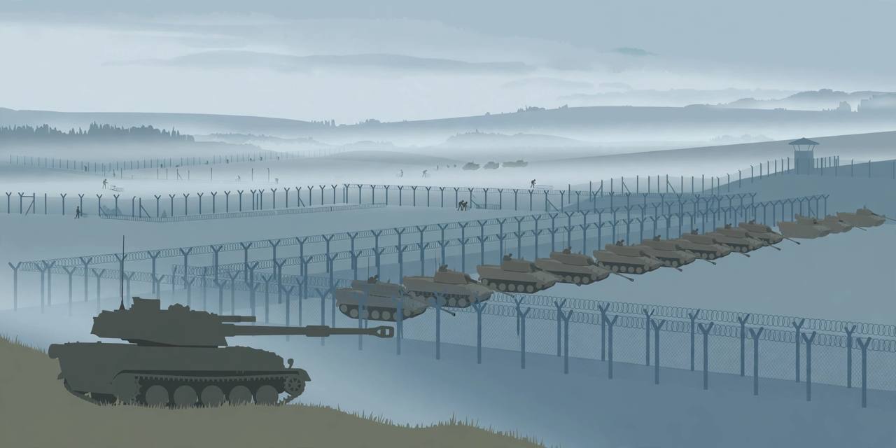 Editorial illustration of a self-propelled howitzer in open view near a fenced demilitarised zone border at dawn, with armoured vehicles and fencing work in the distance