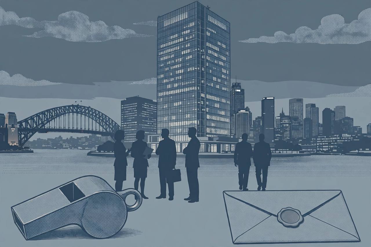 Editorial illustration of a corporate glass tower in Sydney at dusk with a whistle and sealed envelope in the foreground