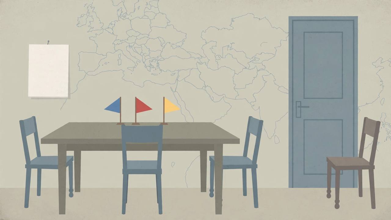 Flat editorial illustration of an empty diplomatic negotiating table with three chairs and plain flag stands, a blank open calendar beside it, and a fourth empty chair pushed away outside a closed door