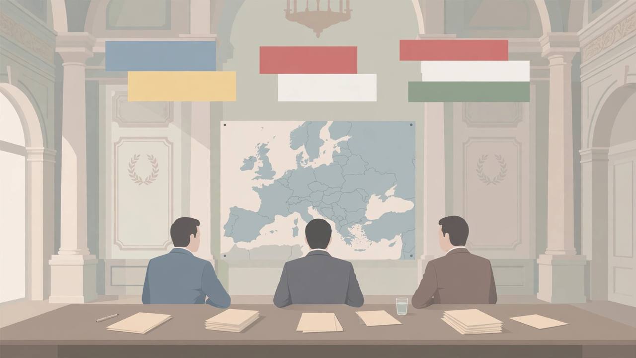 Editorial illustration of a grand negotiating table with three generic suited figures and papers, flat style, no text, no real person depicted