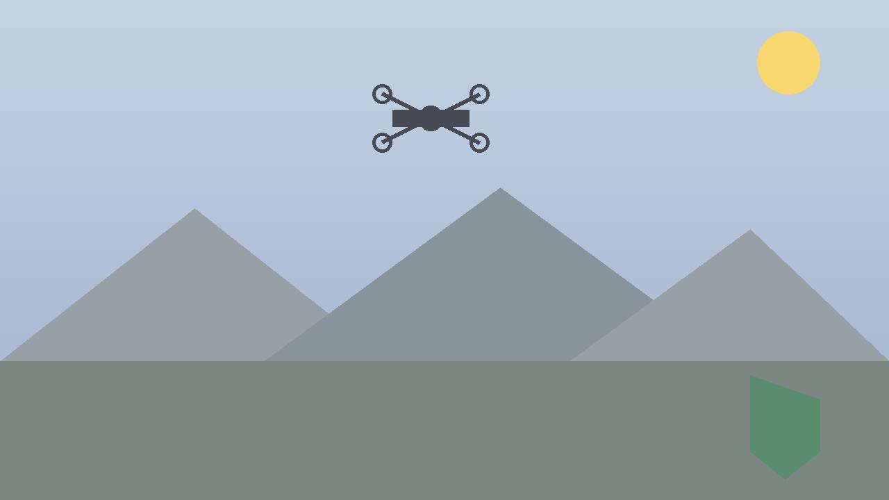 Editorial illustration of a distant drone silhouette over generic mountains — flat style, no real person depicted