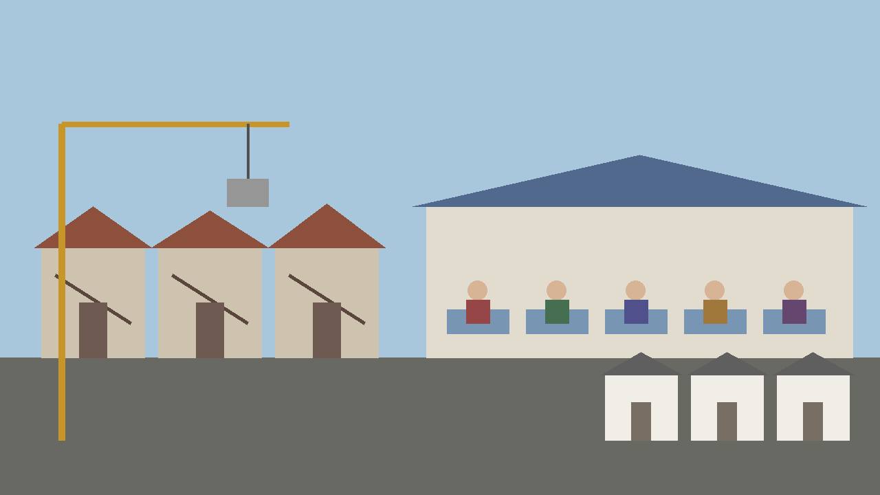 Editorial illustration of damaged houses, an evacuation shelter hall with generic figures, a crane and new temporary housing units, flat style, no real person, place or incident depicted, no text